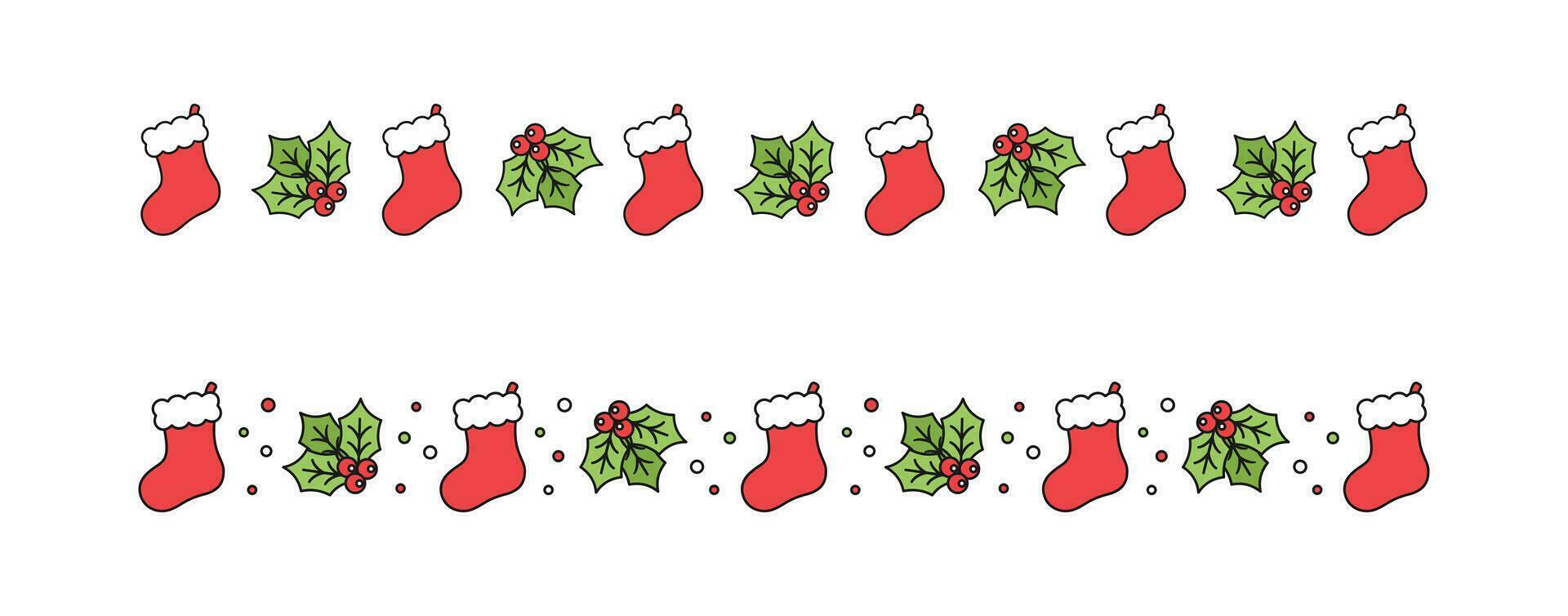 Kerstmis themed decoratief grens en tekst verdeler set, Kerstmis kous en maretak patroon. vector illustratie.
