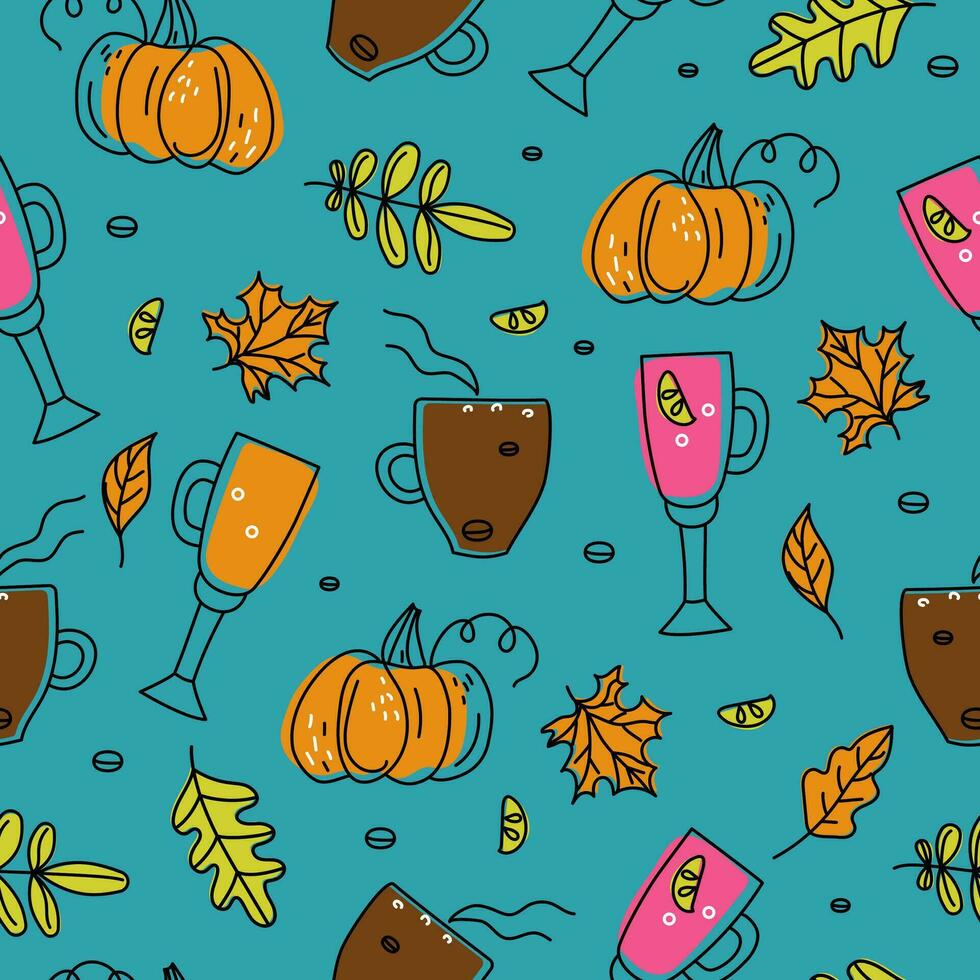 herfst patroon, elementen verzameling heet drankjes, herfst bladeren. koffie, overwogen wijn. de seizoen is koud. vector illustratie in tekening stijl. naadloos, textuur, achtergrond.