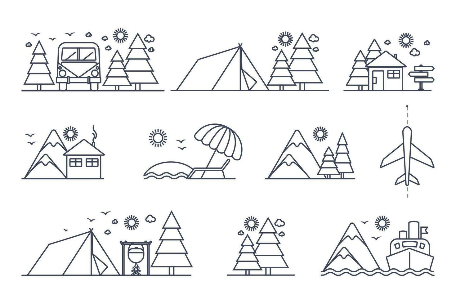 reeks van gemakkelijk reizen pictogrammen. vakantie wandelen in de bergen en toevlucht in natuur icoon verzameling. vector lijn illustraties
