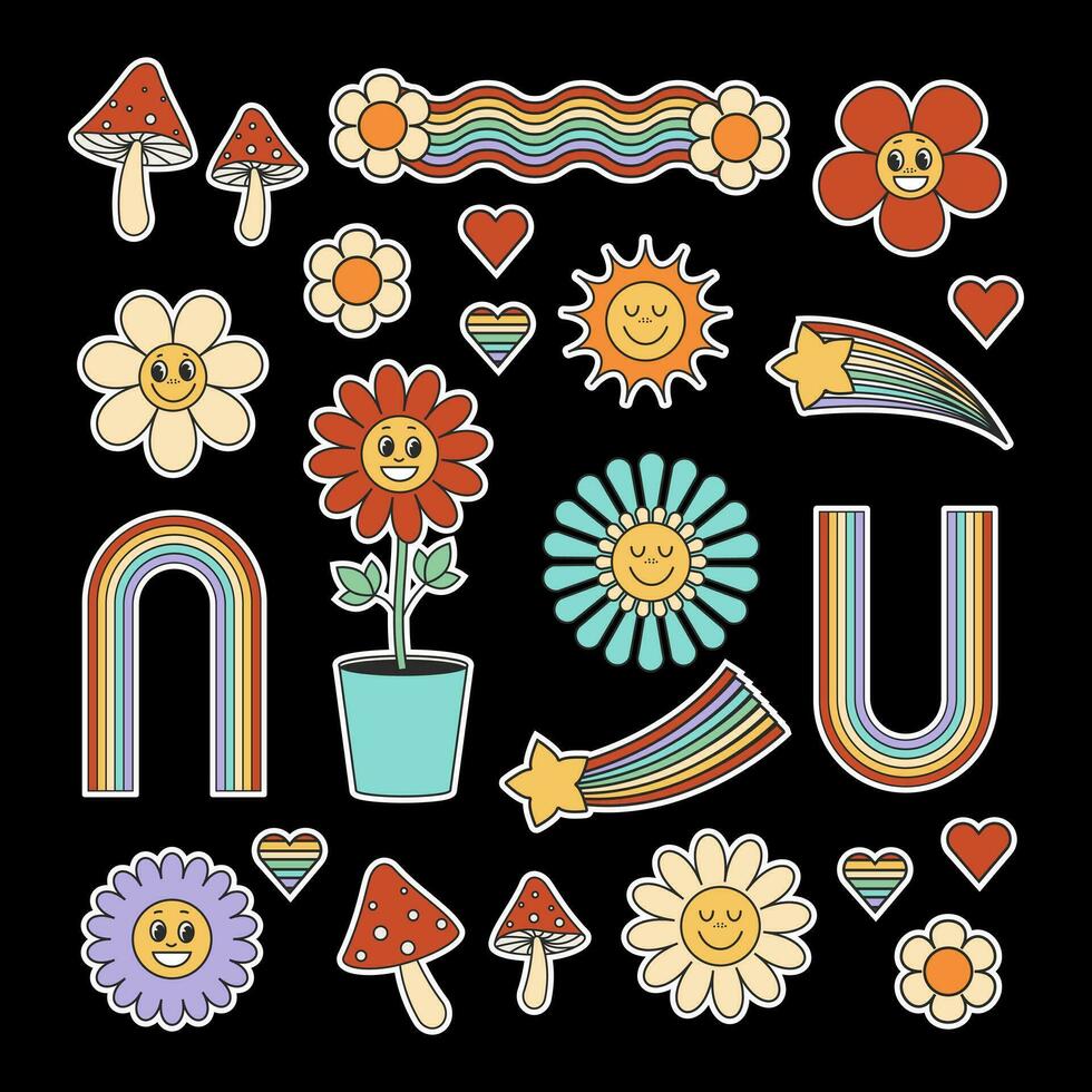 groovy retro elementen en tekens sticker pak set, schattig glimlachen wijnoogst bloemen, paddestoelen, zon, regenboog. vector illustratie Aan zwart