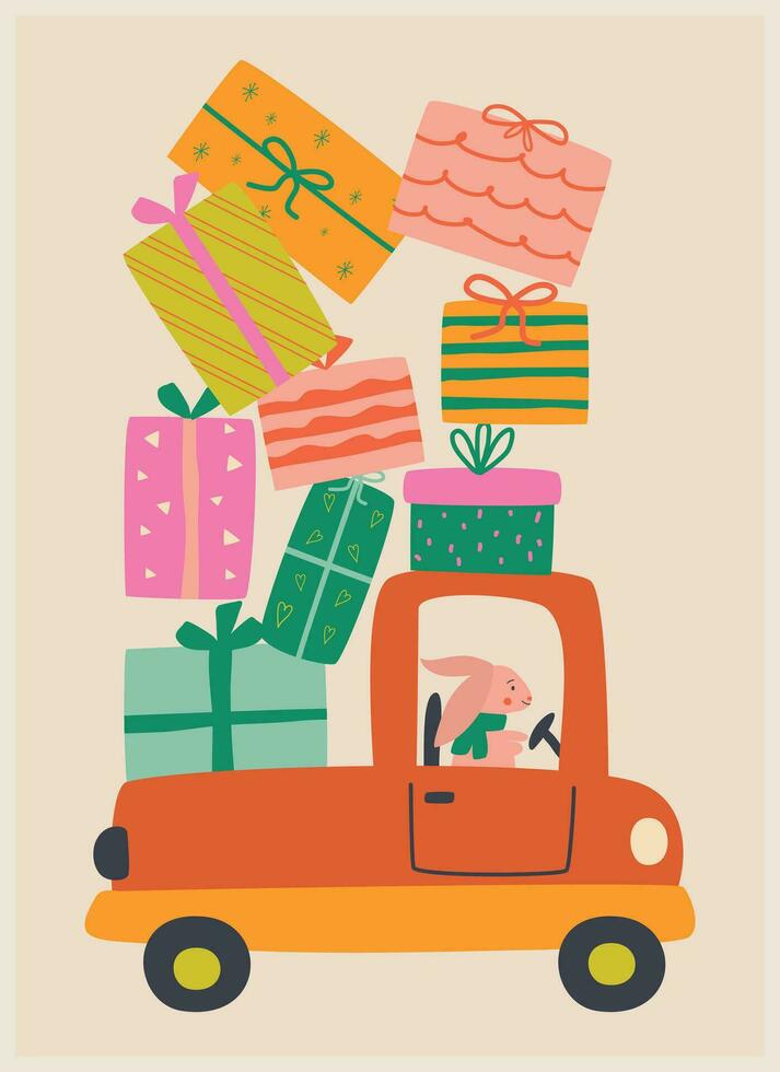 een helder feestelijk illustratie. konijn draagt cadeaus door auto vector illustratie