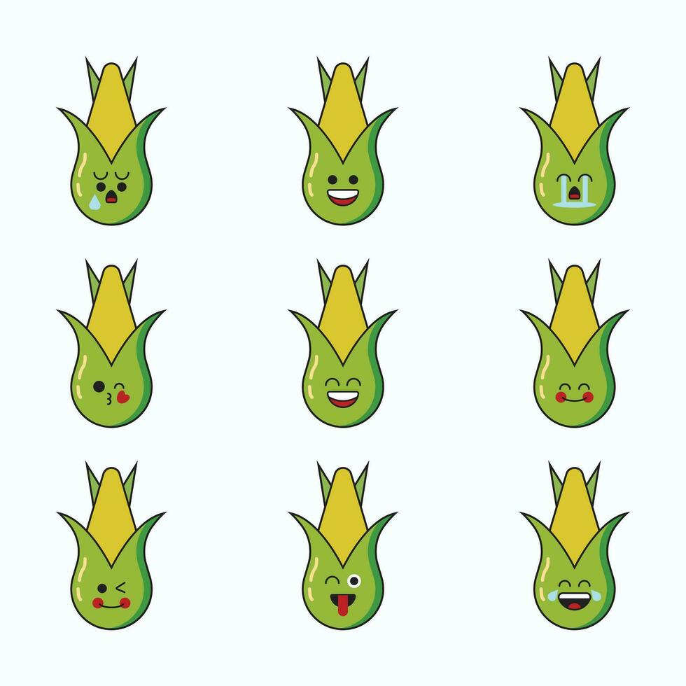 groente emoticon vector icoon set. schattig emoji maïs met gezicht.