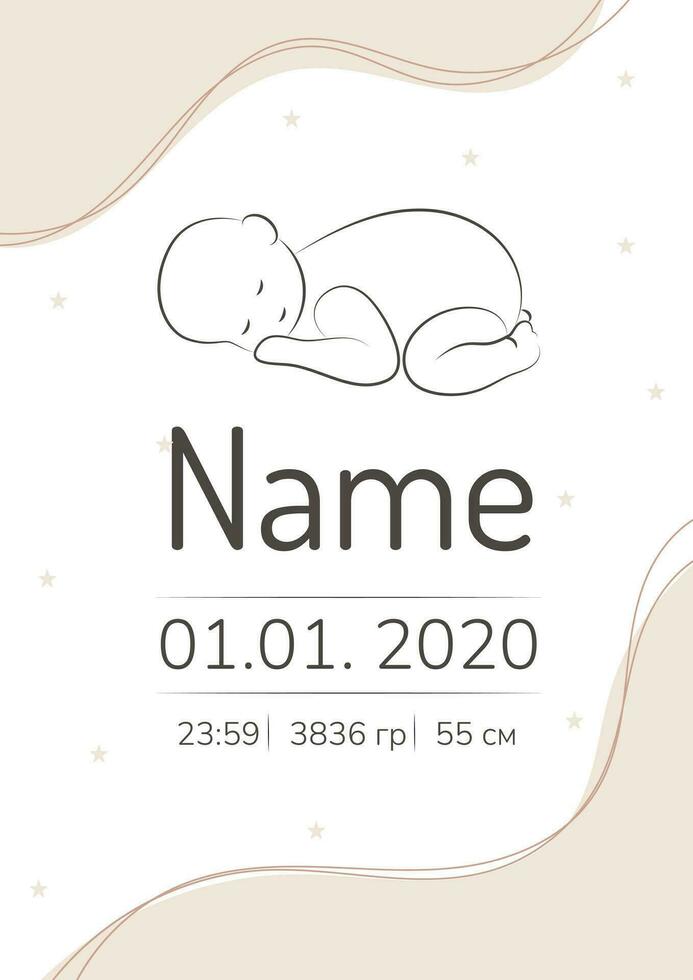 vector schattig slapen kind, lijn kunst stijl. baby metriek voor pasgeboren, banier met naam, gewicht en hoogte.