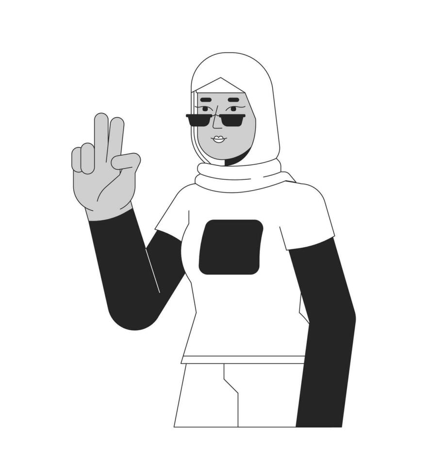 elegant moslim vrouw tonen zege zwart en wit 2d lijn tekenfilm karakter. zonnebril hijab vrouw selfie nemen geïsoleerd vector schets persoon. twee vingers omhoog monochromatisch vlak plek illustratie
