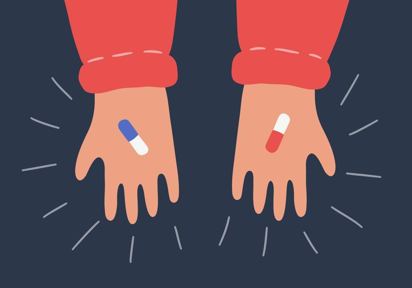 handen met rode en blauwe pillen. symbool van moeilijke keuze vector
