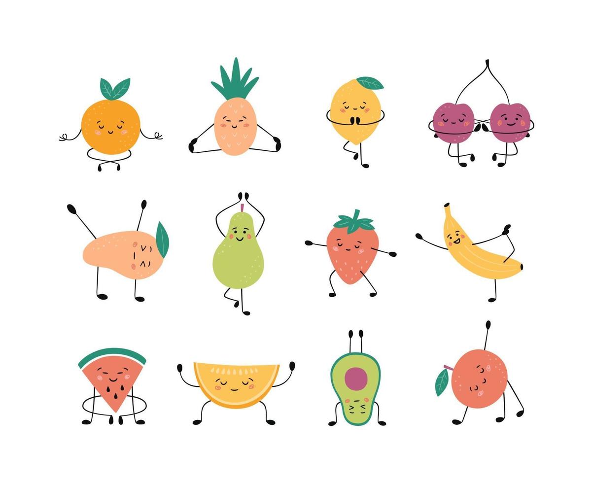 schattig fruit en bessen in yogahouding die yoga beoefent en mediteert vector