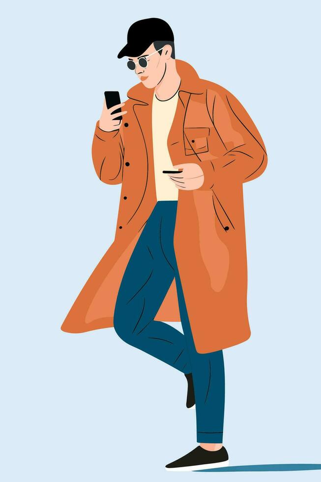 vector illustratie van een jong Mens in een jas met een telefoon in zijn hand.