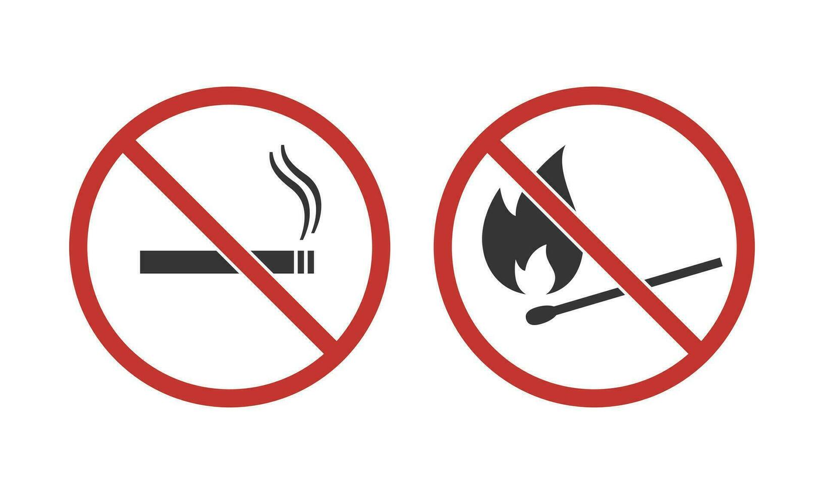 Nee roken, Nee Open brand informatieve tekens. hou op gebruik sigaret, bij elkaar passen symbolen. vector