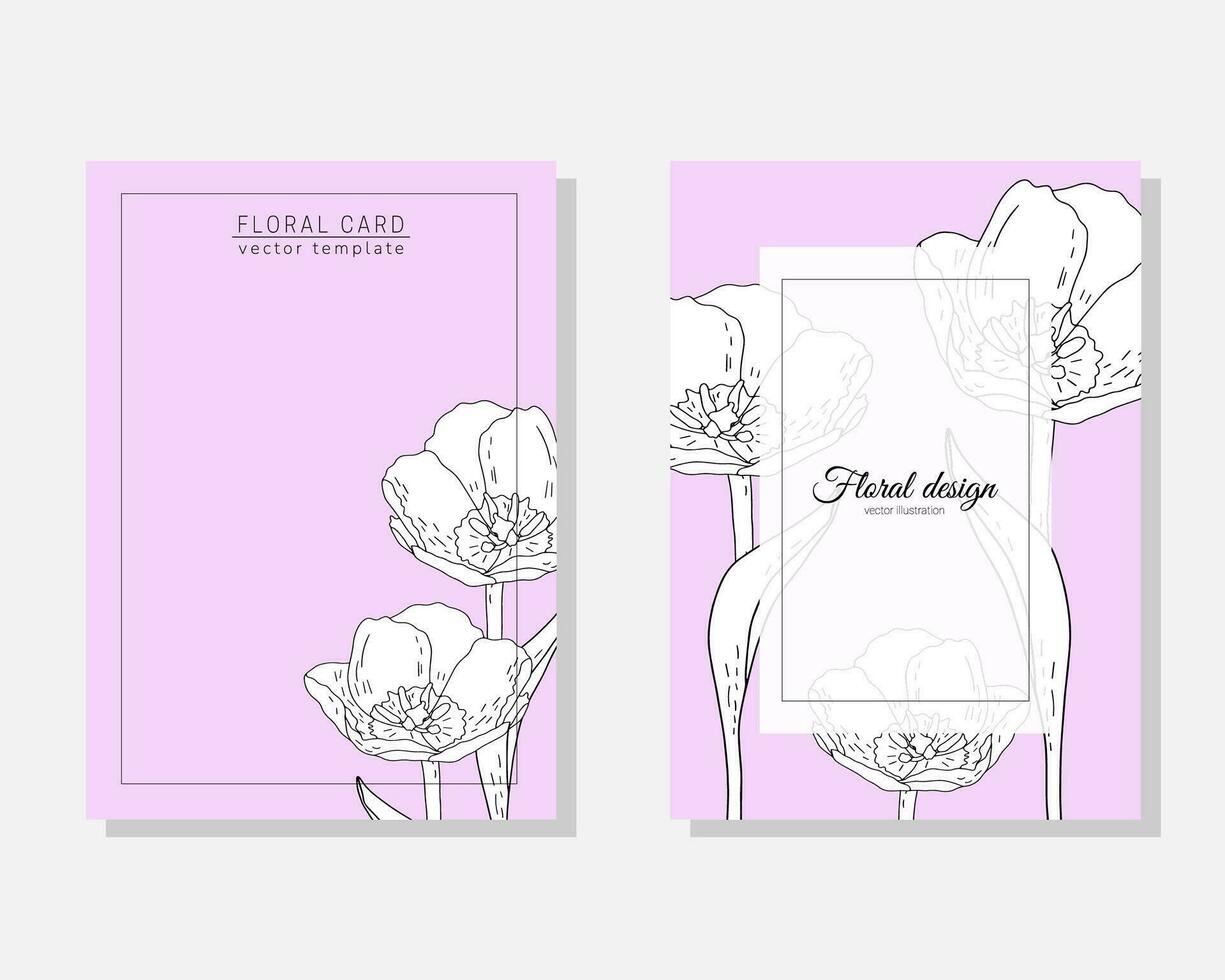 vector reeks van luxe kaarten, Sjablonen met hand- getrokken bloemen tulpen voor verjaardag, bruiloft, verjaardag uitnodiging Aan roze achtergrond