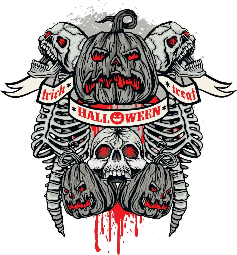 halloween pompoen met skeletten, grunge.vintage ontwerp t-shirts vector