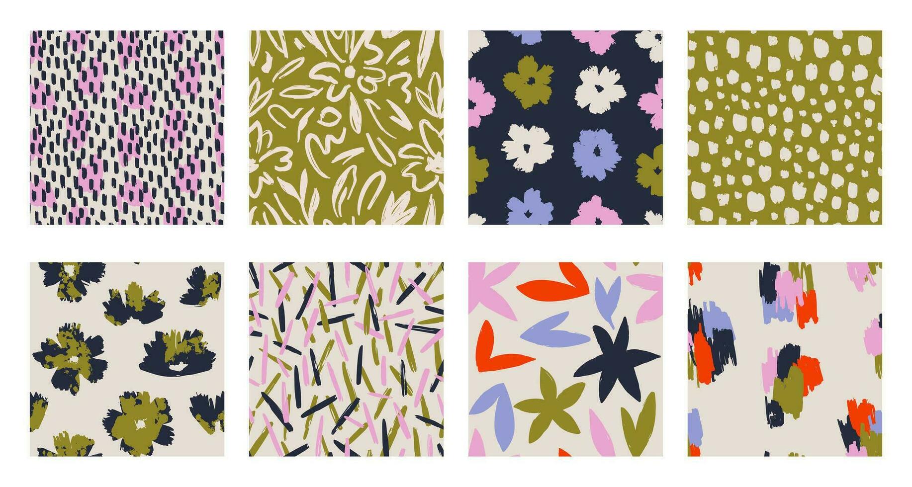 reeks van abstract hedendaags naadloos patroon met hand- getrokken bloem vormen, vlekken, dots en lijnen met texturen. levendig boho afdrukken. modern collage vector illustratie