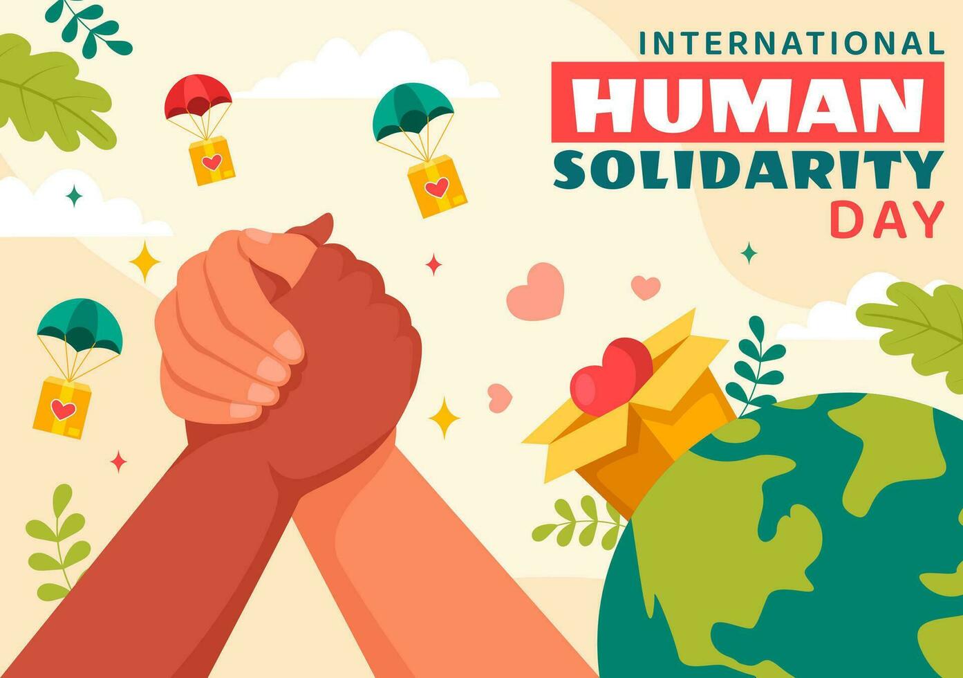 Internationale menselijk solidariteit dag vector illustratie Aan december 20 met aarde, handen en liefde voor mensen helpen persoon in vlak tekenfilm achtergrond