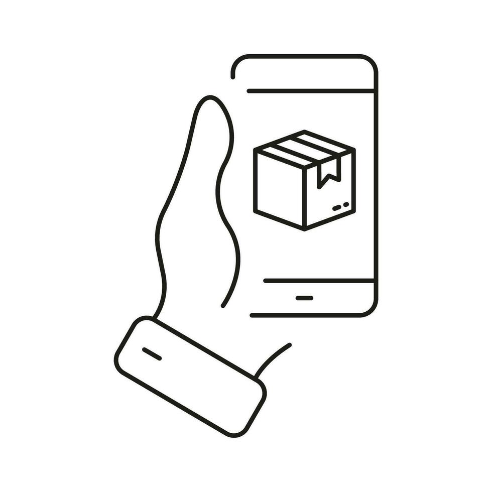 e-commerce, online levering onderhoud lijn icoon. aankoop Verzending symbool. mobiel telefoon met doos teken in menselijk hand. pakket in smartphone pictogram. bewerkbare hartinfarct. geïsoleerd vector illustratie.