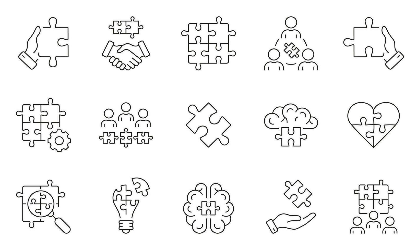 decoupeerzaag puzzel, samenspel samenwerking schets symbool set. eenheid samen, team gebouw lineair pictogram. vennootschap, bedrijf samenwerking lijn icoon. bewerkbare hartinfarct. geïsoleerd vector illustratie.