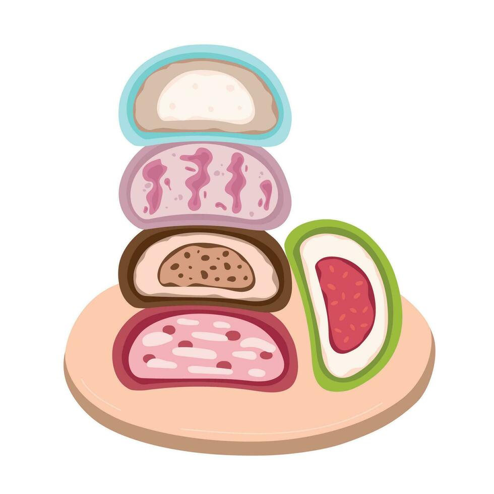 traditioneel Japans daifuku mochi nagerecht. rijst- fruit toetje Aan hout platen. Aziatisch zoet voedsel. hand- getrokken vlak vector illustratie. mochi Aan een houten bord, geïsoleerd Aan wit achtergrond.