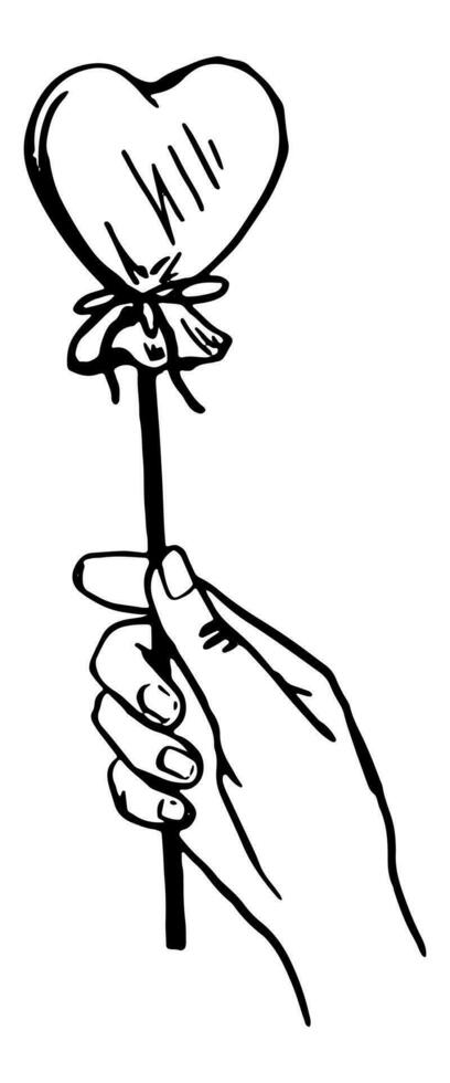 tekening van hand- Holding hart vormig lolly. hand- getrokken vector illustratie. gemakkelijk schetsen geïsoleerd Aan wit. schattig contour tekening voor st Valentijn vakantie ontwerp, afdrukken, kaart, decor, sticker, poster