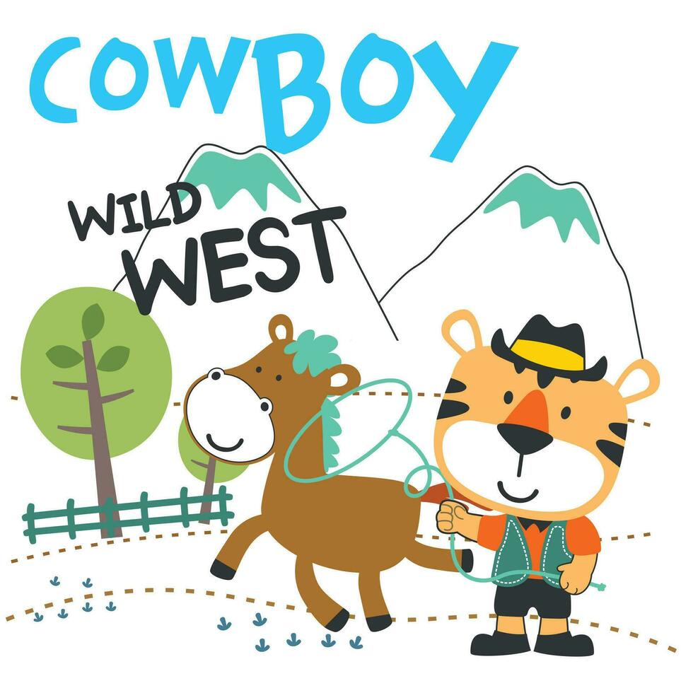 vector illustratie van schattig beer cowboy met lasso en en paard. tekenfilm karakter voor kinderen boek, album, baby douche, groet kaart, partij uitnodiging, huis interieur. vector voorraad illustratie.