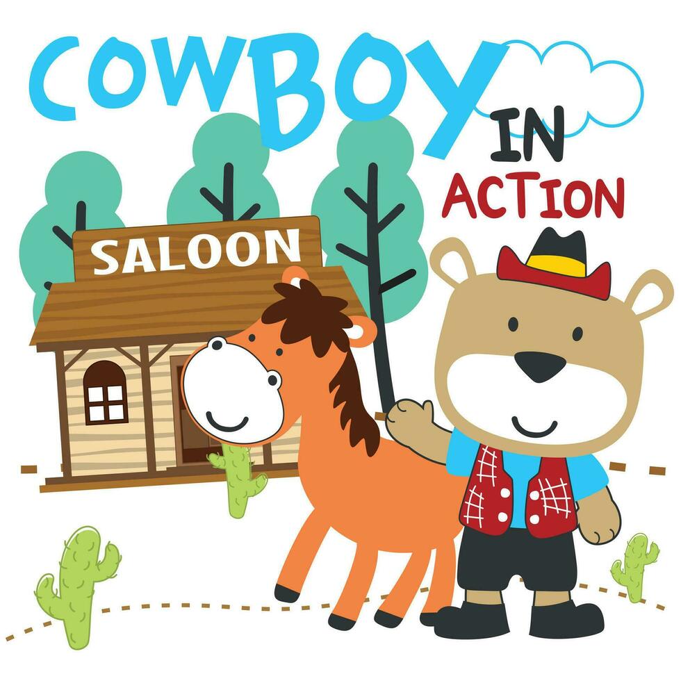 vector illustratie van schattig beer cowboy met lasso en en paard. tekenfilm karakter voor kinderen boek, album, baby douche, groet kaart, partij uitnodiging, huis interieur. vector voorraad illustratie.