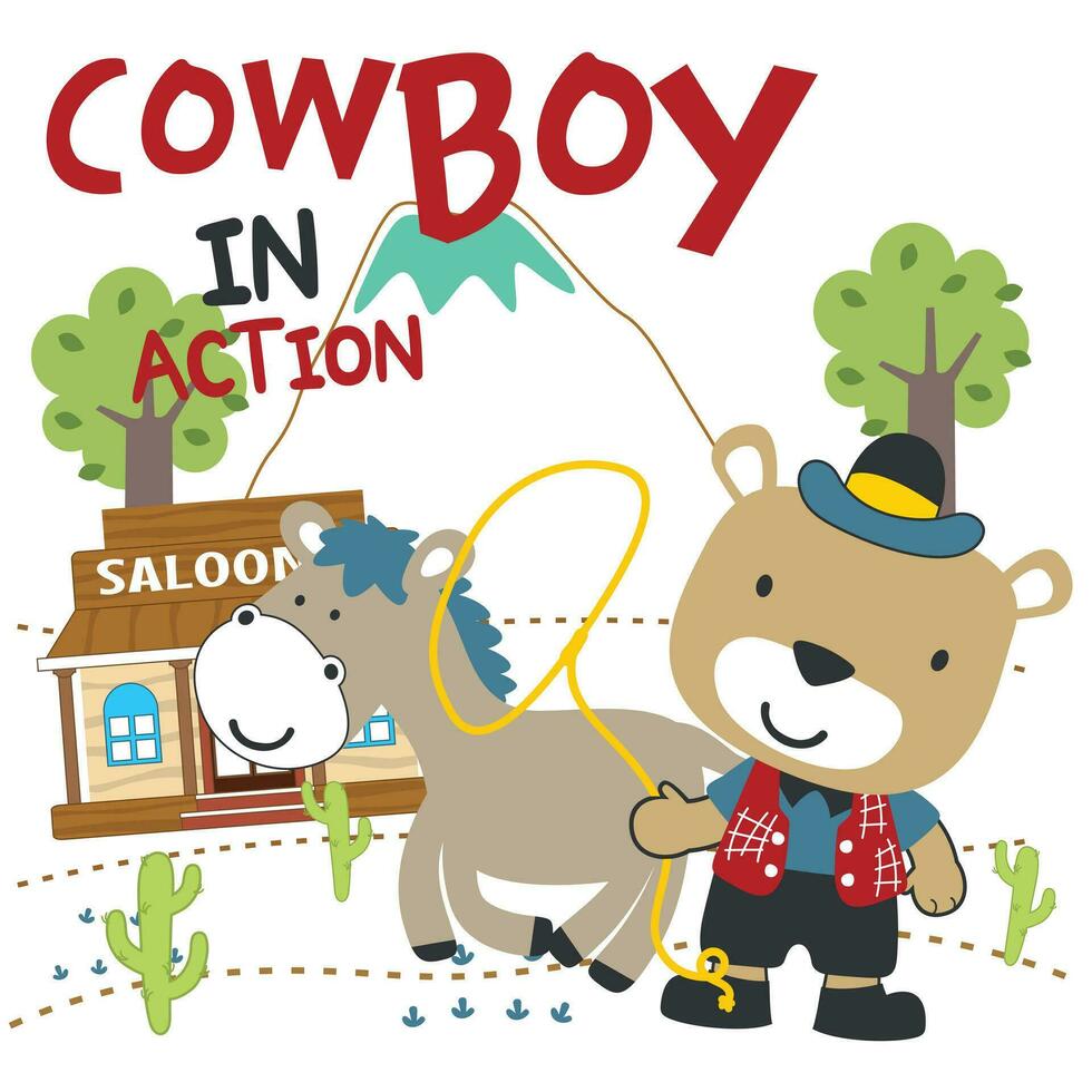 vector illustratie van schattig beer cowboy met lasso en en paard. tekenfilm karakter voor kinderen boek, album, baby douche, groet kaart, partij uitnodiging, huis interieur. vector voorraad illustratie.