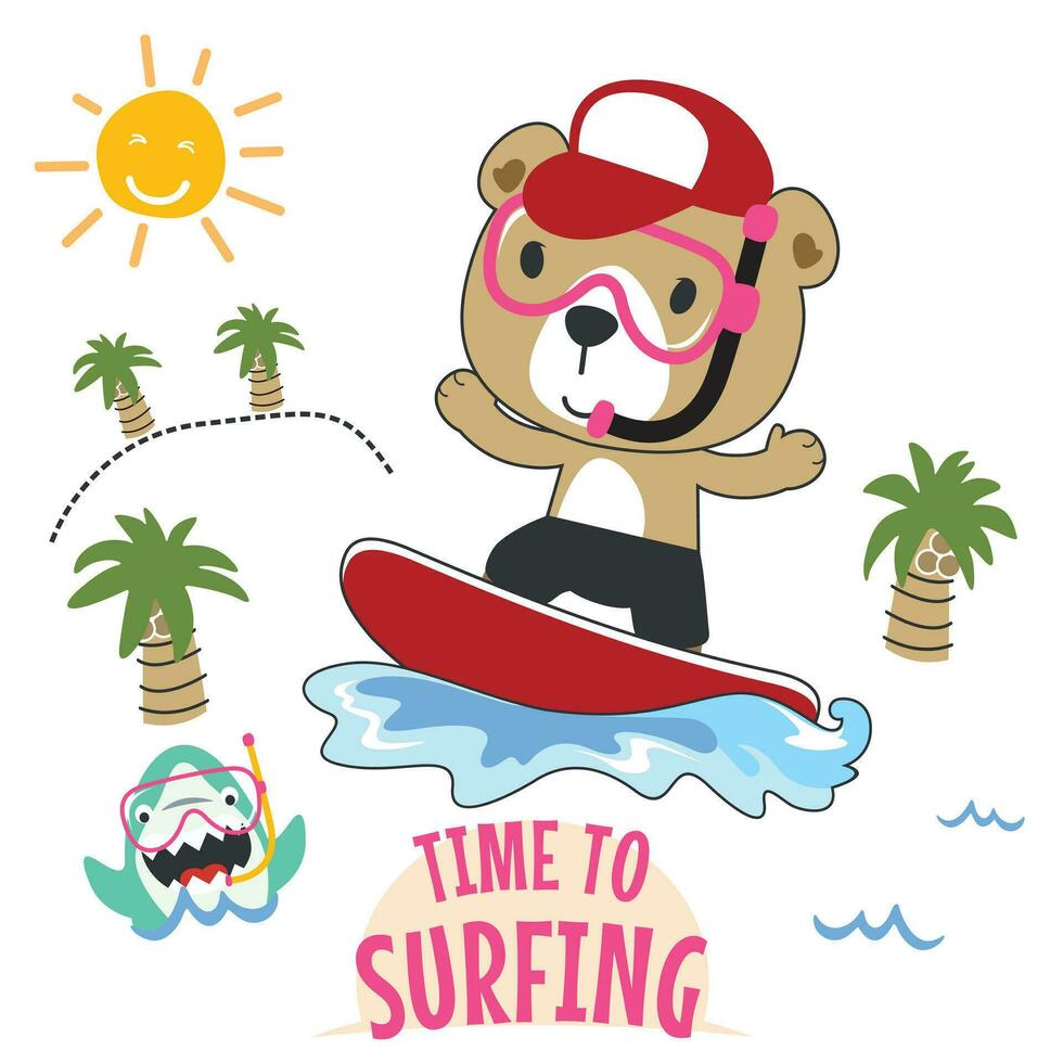 surfing tijd met schattig weinig beer Bij zomer. kan worden gebruikt voor t-shirt afdrukken, kinderen slijtage mode ontwerpen, baby douche uitnodiging kaarten en andere decoratie. vector