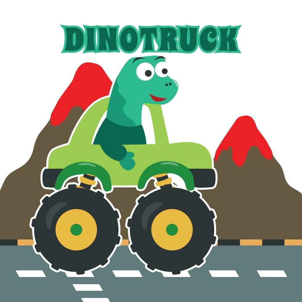 vector illustratie van dinosaurussen rijden monster vrachtauto met tekenfilm stijl. kan worden gebruikt voor t-shirt afdrukken, kinderen dragen, uitnodiging kaart. kleding stof, textiel, kinderkamer behang, poster en andere decoratie.