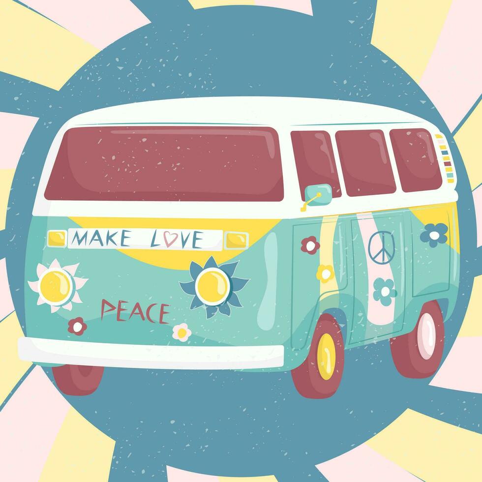 hippie wijnoogst auto mini bestelwagen. decoratief achtergrond. handgeschreven lettertypen, hand- getrokken achtergrond en texturen. hippie kleur vector illustratie. retro jaren 60, jaren 60, jaren 70