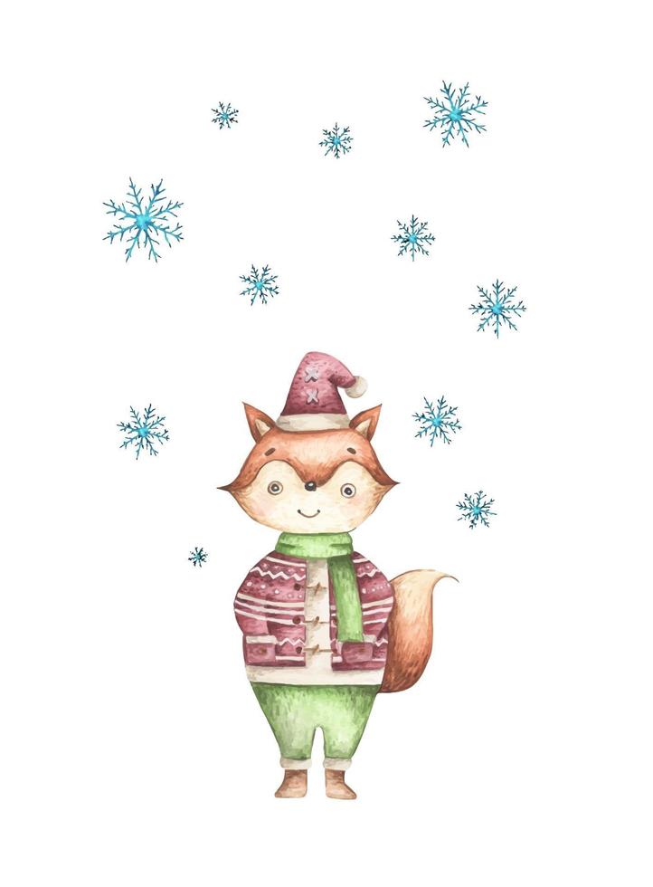 kleine vos met sneeuwval. aquarel illustratie. vector