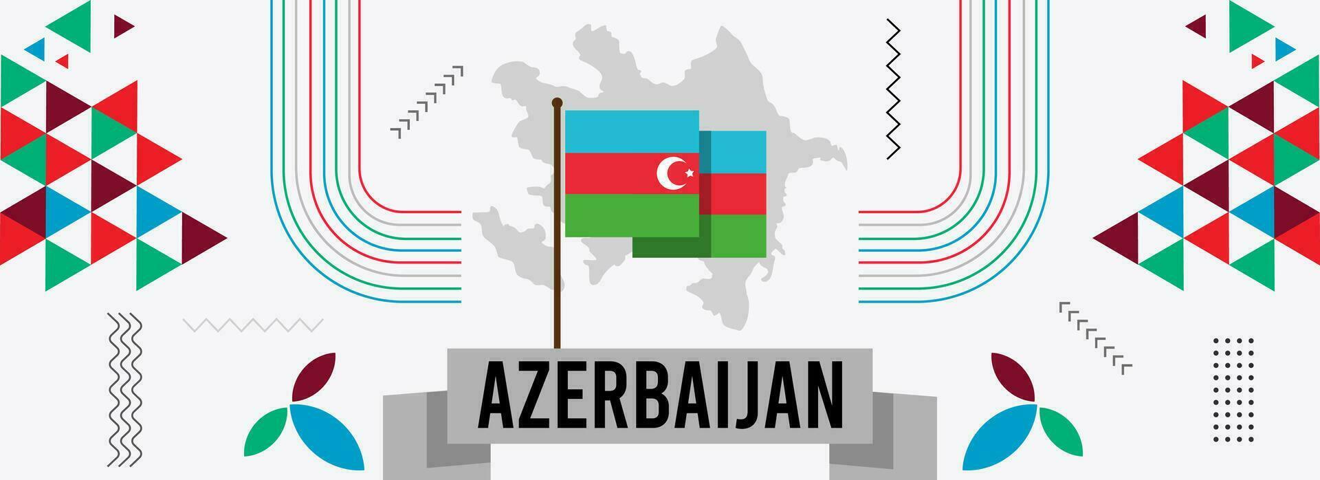 Azerbeidzjan nationaal dag banier of kaart met Azerbeidzjaans kaart, abstract retro modern meetkundig ontwerp met vlag kleuren thema achtergrond vector