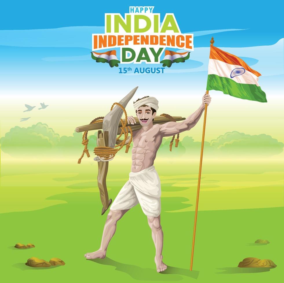 Indiase onafhankelijkheidsgroeten door boer met Indiase vlag vector