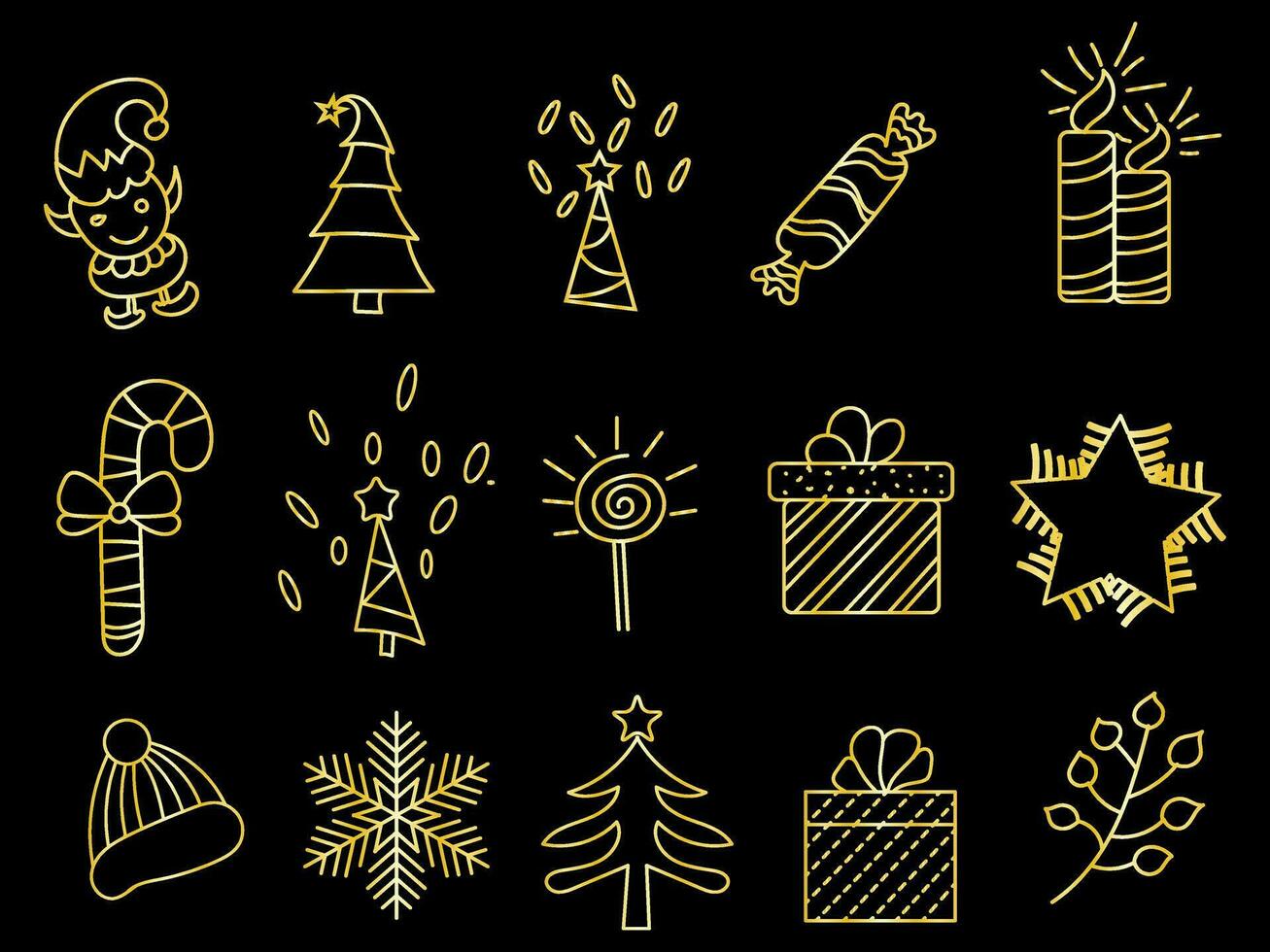 gouden Kerstmis ornamenten reeks met ballen, sneeuwvlokken, hoeden, ster, Kerstmis boom, oranje, sok, geschenk, drinken en slingers. vector