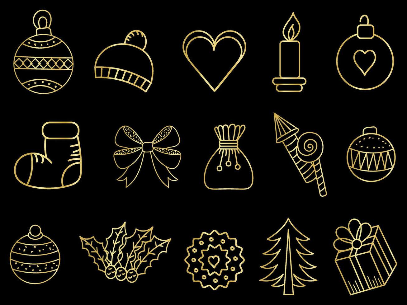 gouden Kerstmis ornamenten reeks met ballen, sneeuwvlokken, hoeden, ster, Kerstmis boom, oranje, sok, geschenk, drinken en slingers. vector