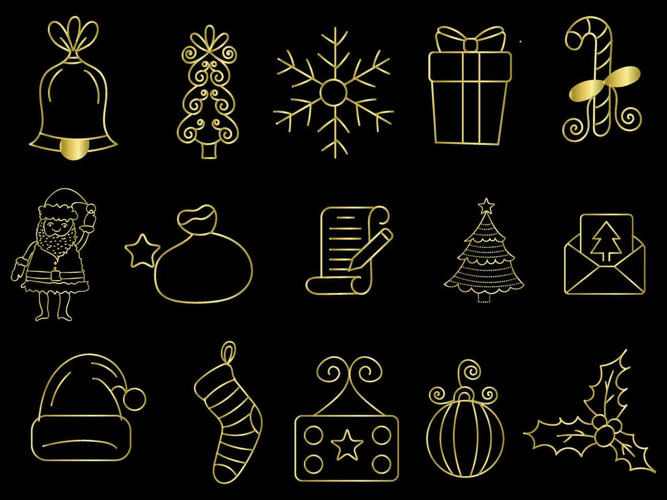 gouden Kerstmis ornamenten reeks met ballen, sneeuwvlokken, hoeden, ster, Kerstmis boom, oranje, sok, geschenk, drinken en slingers. vector