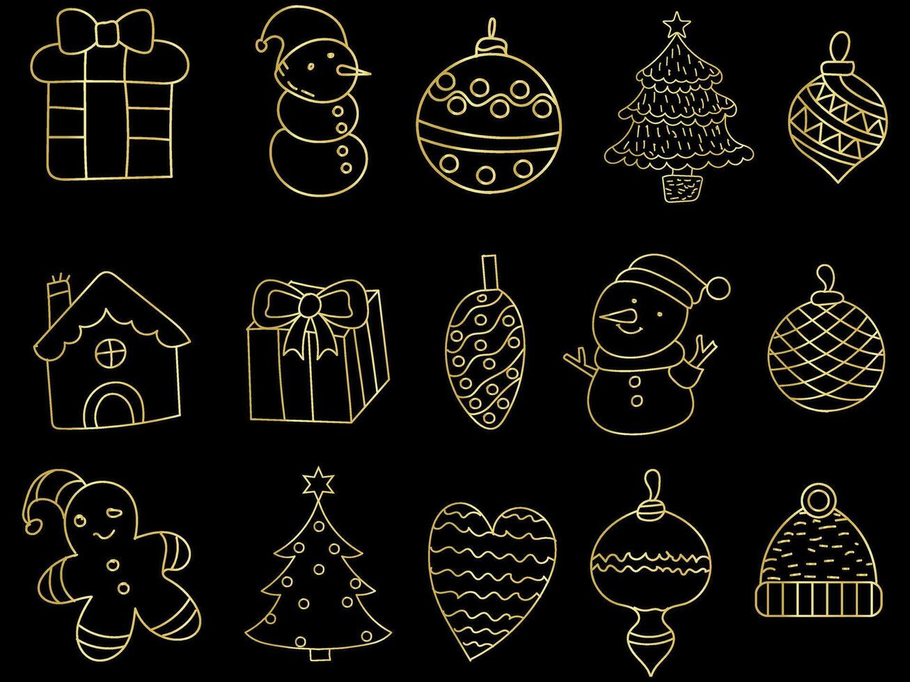 gouden Kerstmis ornamenten reeks met ballen, sneeuwvlokken, hoeden, ster, Kerstmis boom, oranje, sok, geschenk, drinken en slingers. vector