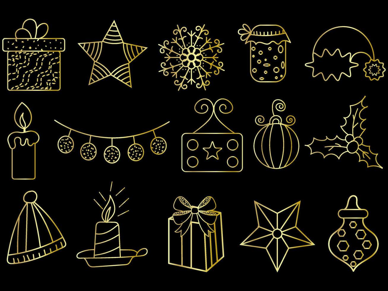 gouden Kerstmis ornamenten reeks met ballen, sneeuwvlokken, hoeden, ster, Kerstmis boom, oranje, sok, geschenk, drinken en slingers. vector