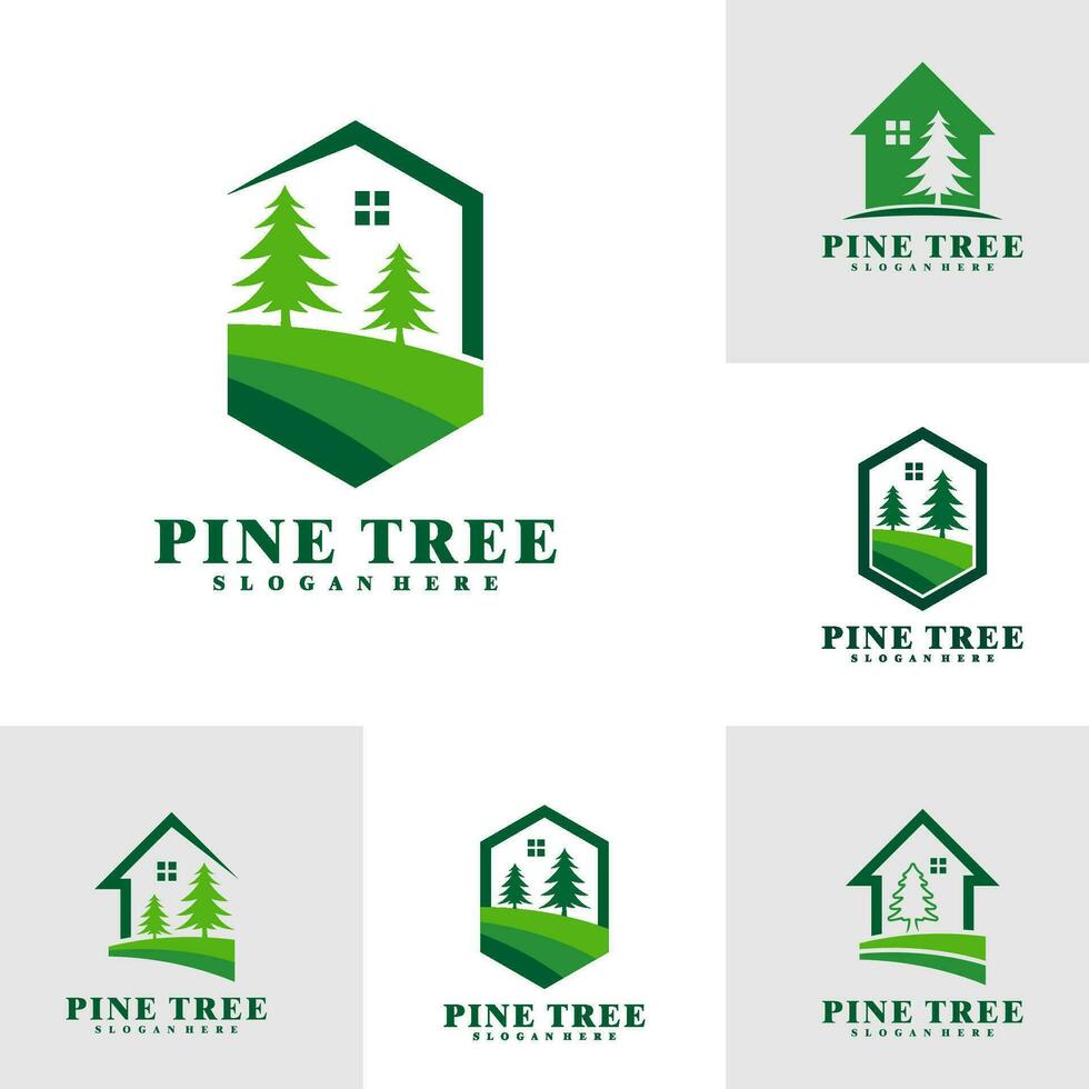 reeks van pijnboom boom met huis logo ontwerp vector. creatief pijnboom boom logo concepten sjabloon vector