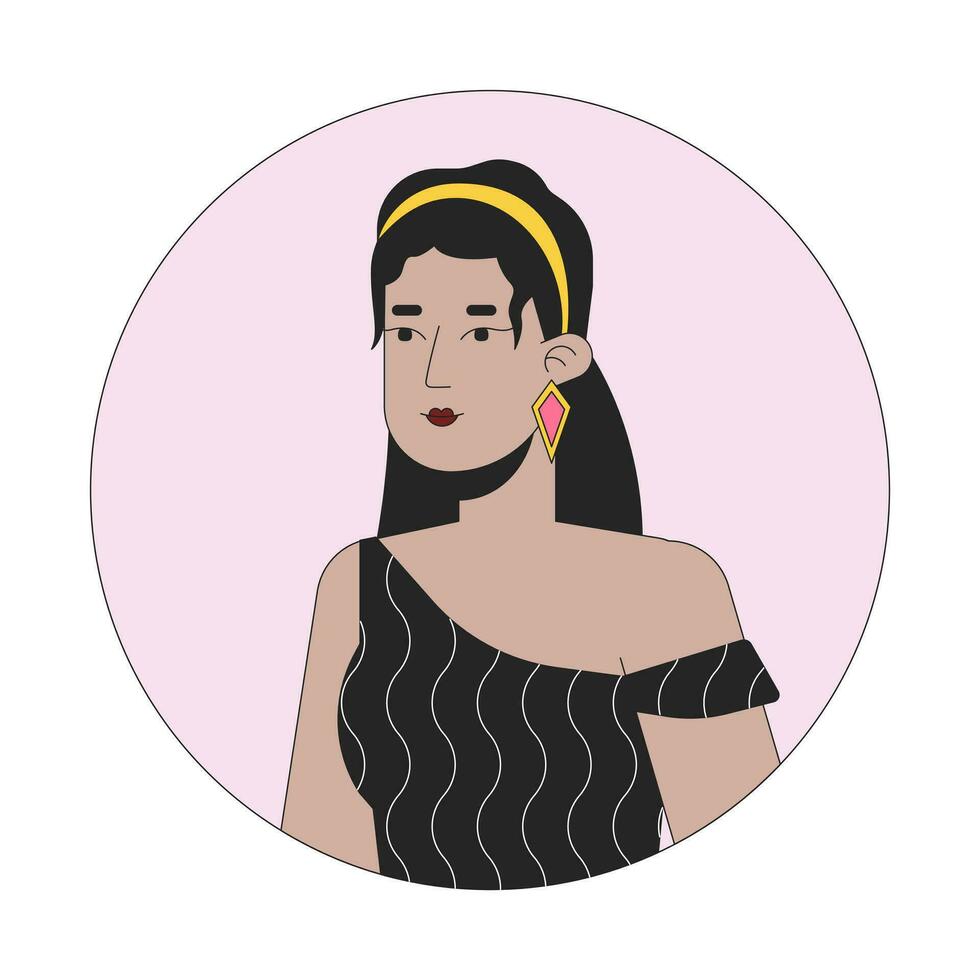 knap spaans dame in jaren 70 geïnspireerd kleren 2d lijn vector avatar illustratie. elegant latina vrouw poseren schets tekenfilm karakter gezicht. ontspannen staand vlak kleur gebruiker profiel beeld geïsoleerd