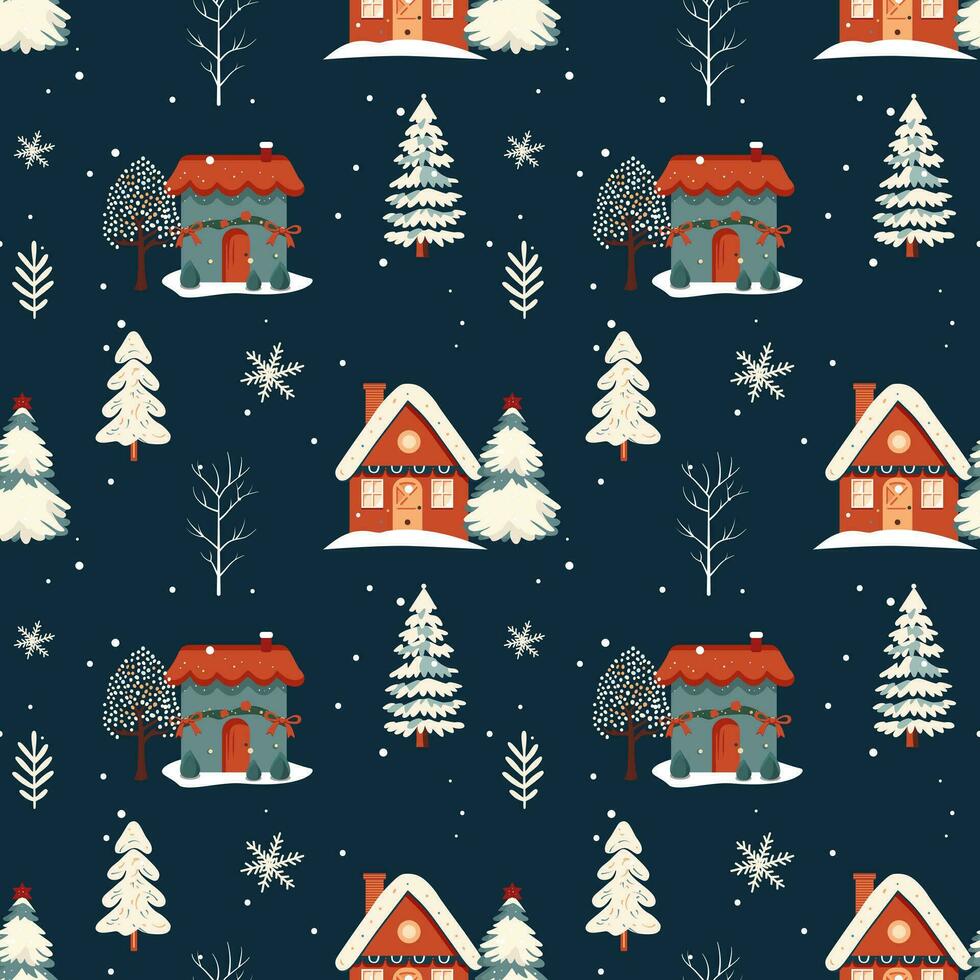 winter naadloos patroon met Scandinavisch huizen. Kerstmis vector patroon. winter achtergrond ontwerp.