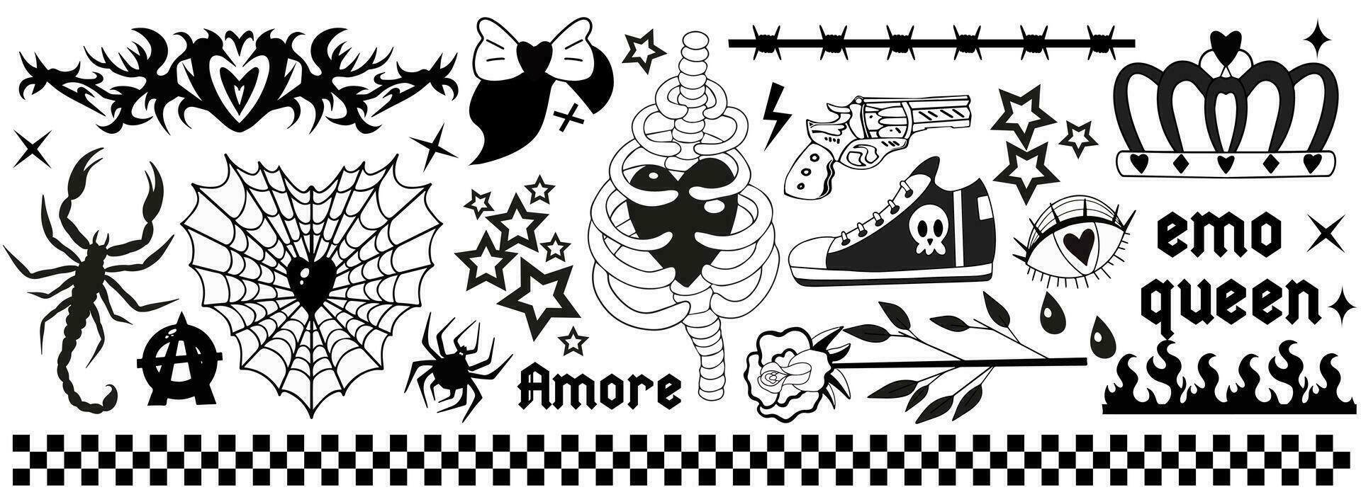 y2k jaren 2000 zwart grunge emo goth esthetisch stickers, tatoeëren kunst elementen en slogan. punk- rots somber set. gotisch concept van griezelig liefde. vector illustratie