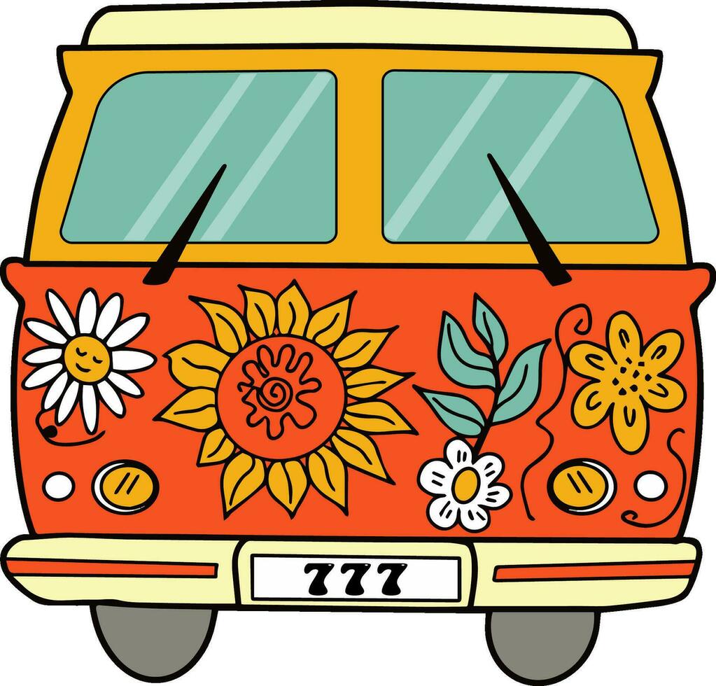 hippie wijnoogst bus met bloemen. groovy retro hippie reizen auto. vector illustratie