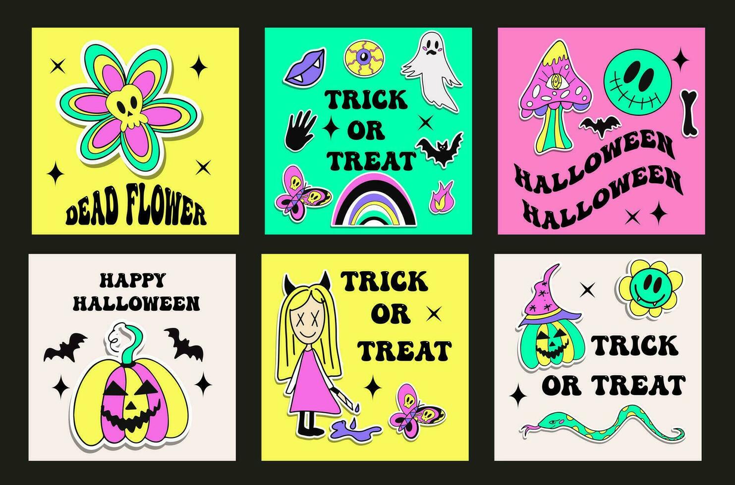 reeks posters voor halloween met modieus illustraties. modieus groovy stijl kaarten. vector illustratie