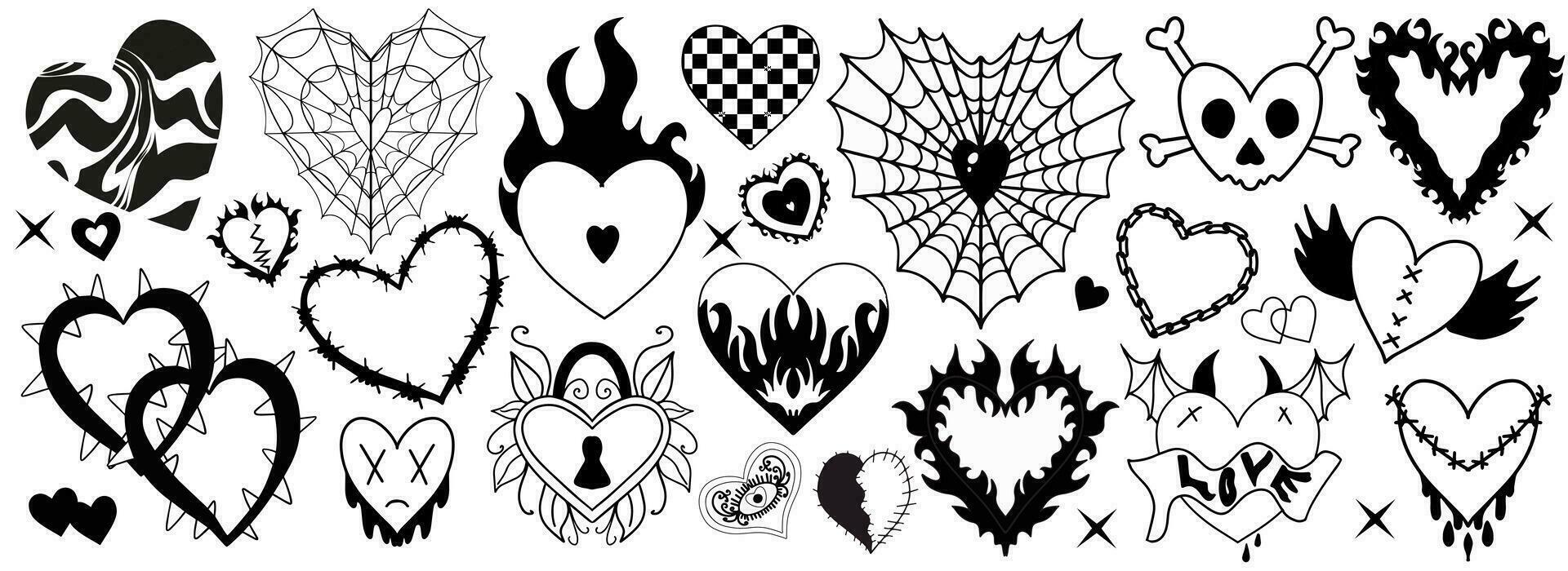 y2k jaren 2000 schattig emo goth harten stickers, tatoeëren kunst elementen . wijnoogst zwart somber reeks hart. gotisch concept van griezelig liefde. vector illustratie.