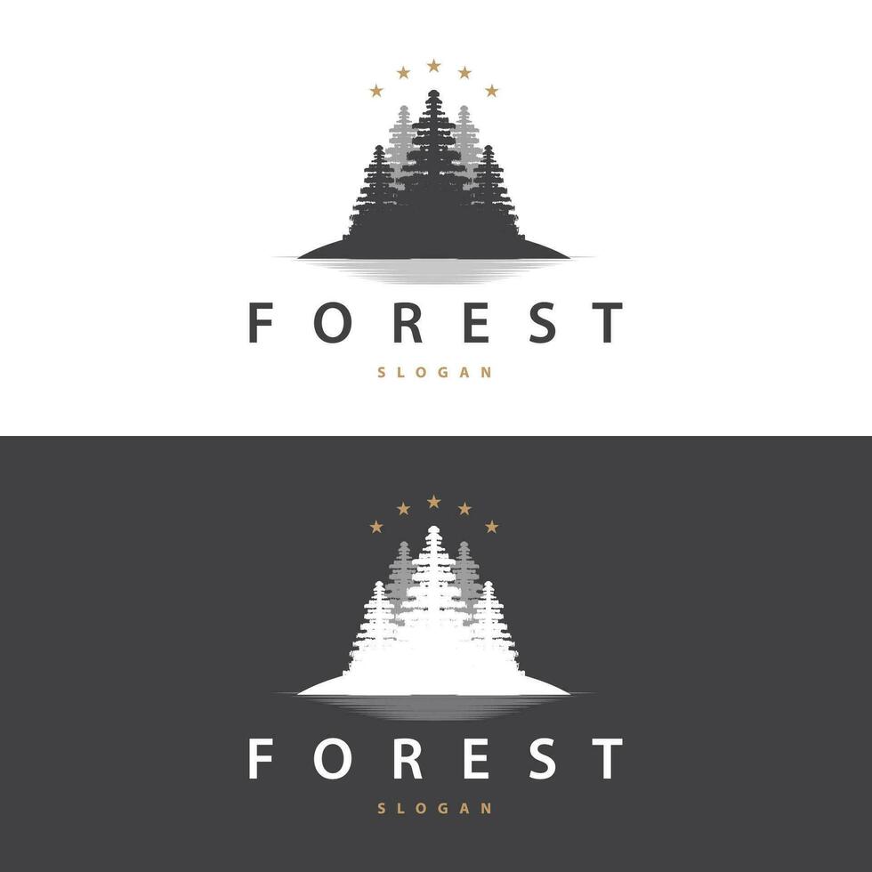 Woud logo, vector Woud hout met pijnboom bomen, ontwerp inspirerend insigne etiket illustratie