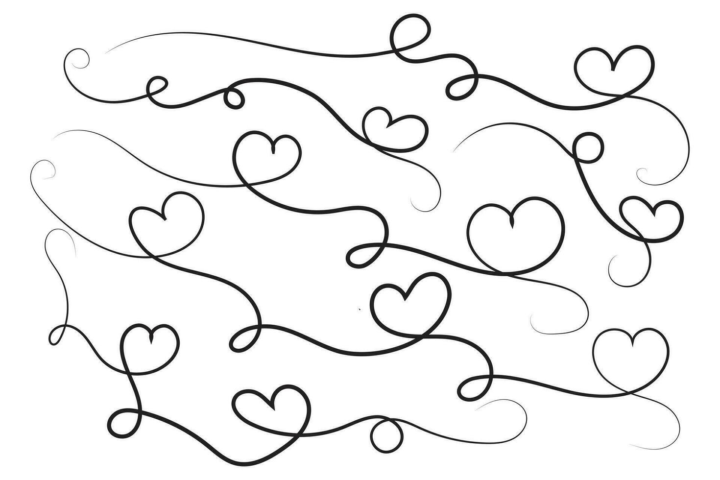 filigraan gekruld kalligrafische hart, luxe lijn bloeit wervelingen harten, kromme romantisch liefde teken, valentijnsdag dag verdeler floreren wervelen, schoonschrift floreren belettering hoofd harten rol vector