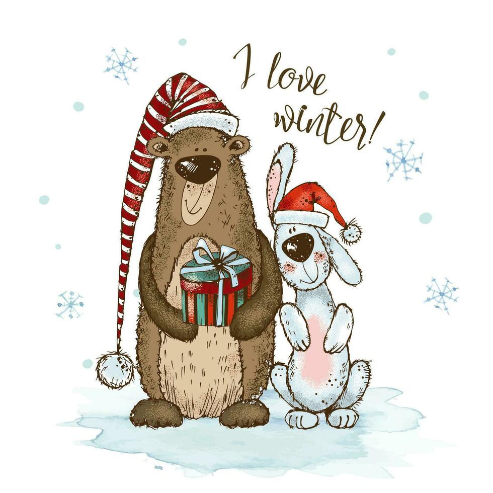 een Kerstmis kaart met een vrolijk konijn en een teddy beer met geschenken. vector. vector