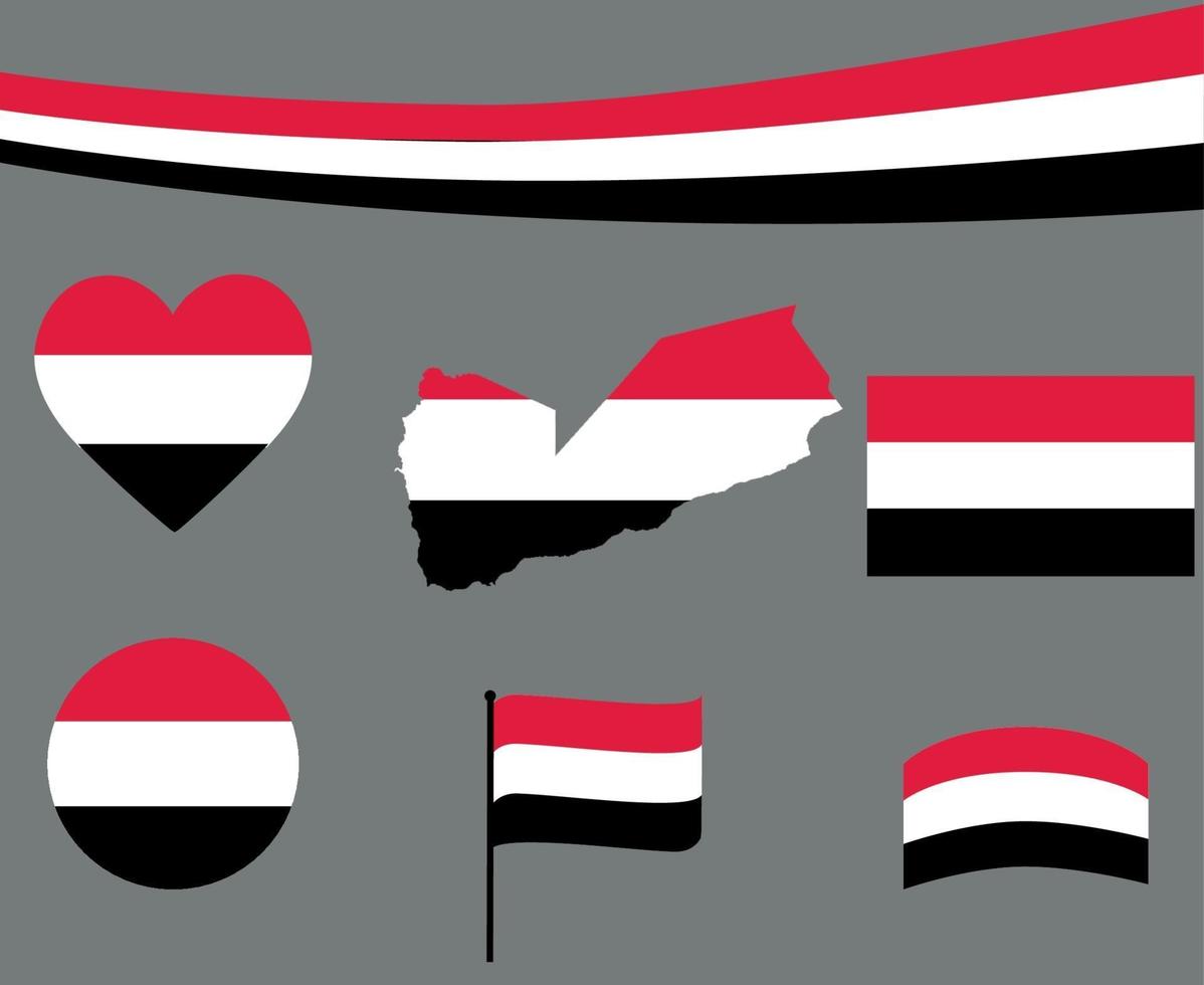 Jemen vlag kaart lint en hart iconen vector abstract