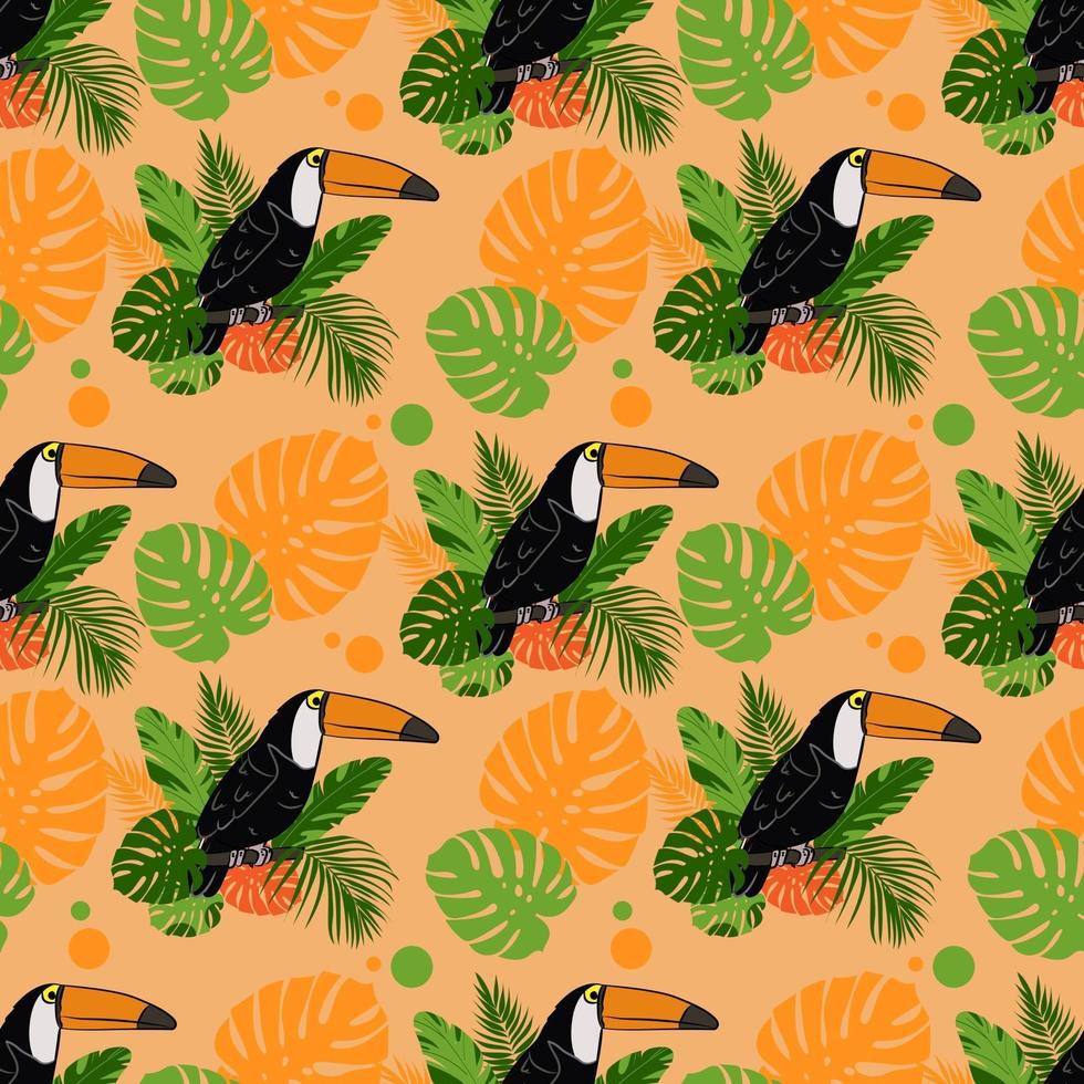 toekanvogel, bladeren van monstera en tropische planten. naadloos patroon vector