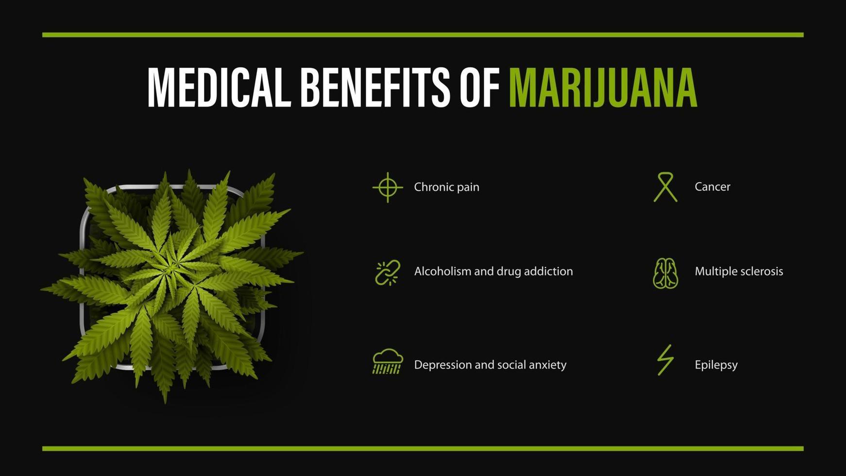medische voordelen van marihuana, zwarte poster met infographic en bush vector