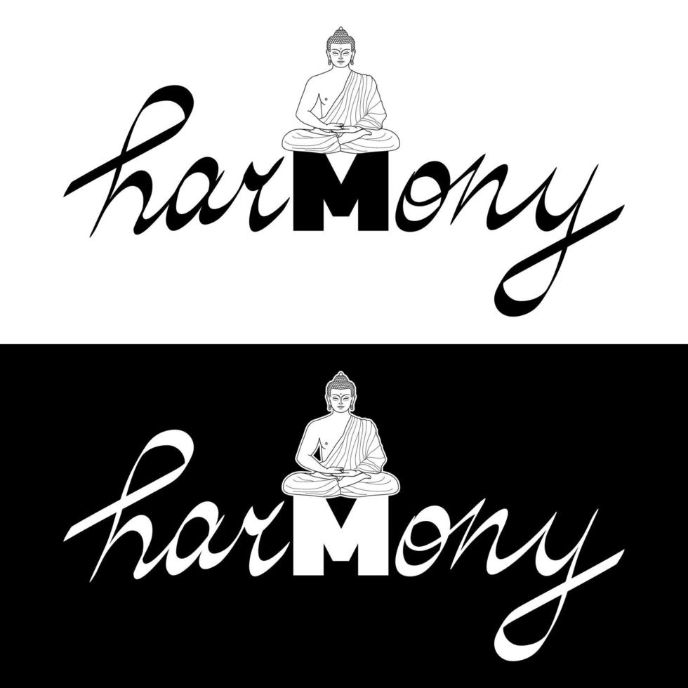 harmonie t-shirt print met boeddha en handgetekende belettering set vector