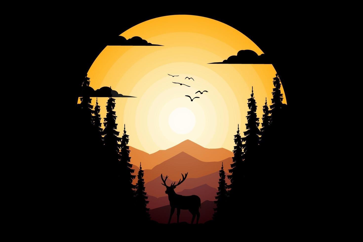 t-shirt natuur hert berg grenen mooie lucht vector