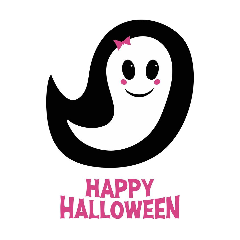 schattig meisjesspook met roze blos, boog en happy halloween-letters vector